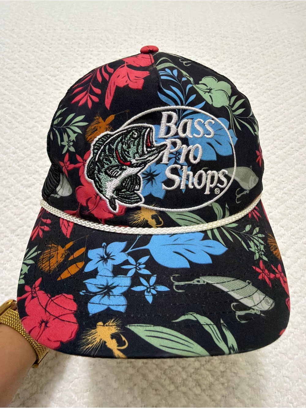 Bass Pro Shops Hat Black and Multi Color Floral Design Adjustable